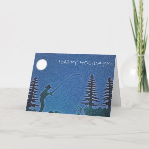 Happy Holidays Fly Fisherman in Snow Holiday Card