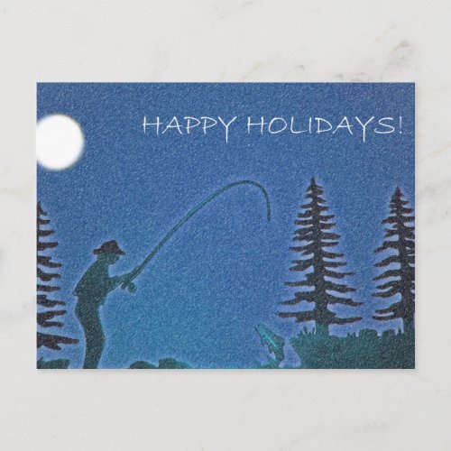 Happy Holidays Fly Fisherman in Snow Holiday Postcard