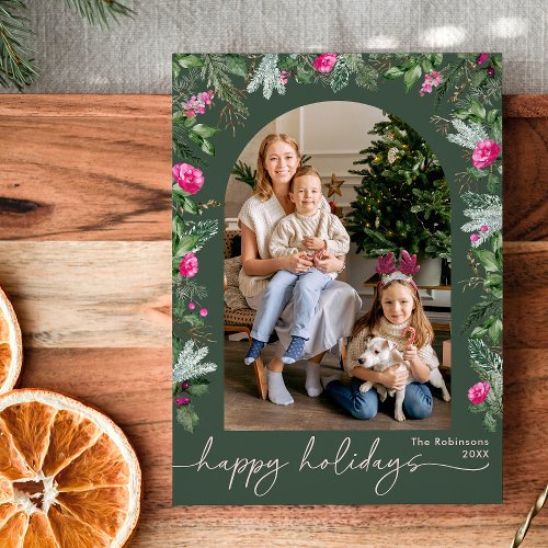 Happy Holidays Forest Green Pink Botanical Arch Holiday Card