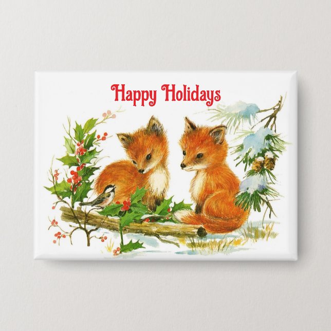 Happy Holidays Foxes Button Pin (Front)