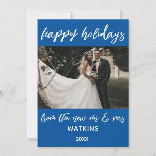 Happy Holidays from New Mr  Mrs Photo Blue Holiday Card
