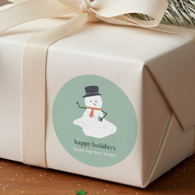 Happy Holidays from our new home Christmas Snowman Classic Round Sticker (Creator Uploaded)