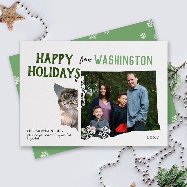 Happy Holidays from Washington Two Photo Holiday Card (From Washington state with love two photo Christmas holiday card and moving announcement)