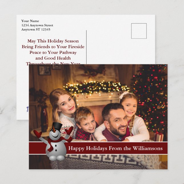 Happy Holidays Full Card Photo With Cute Snowman (Front/Back)