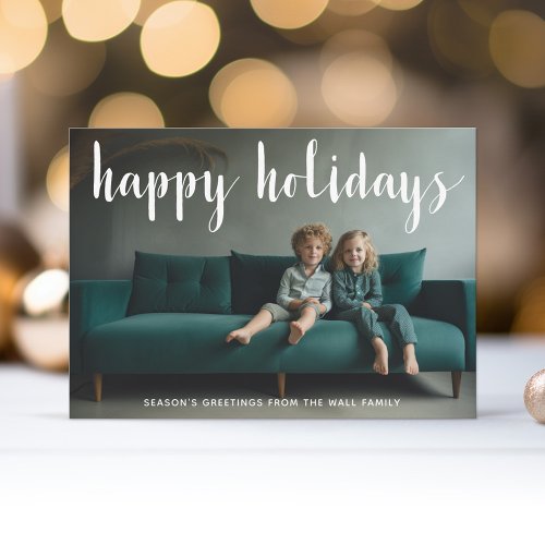 Happy Holidays Full Photo Simple Script Blue Holiday Card