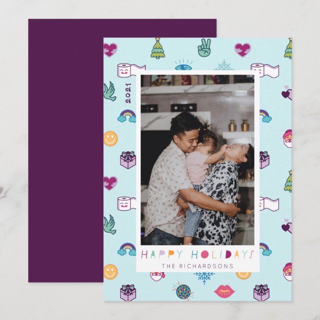 Happy Holidays Fun Christmas Emoji Pattern Photo Holiday Card (Front/Back)