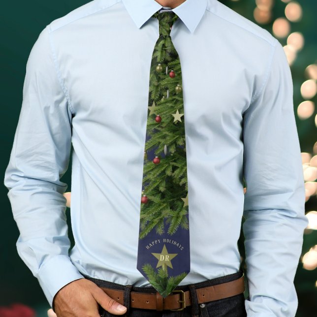 Happy Holidays Fun Christmas Tree Monogram Tie (Happy Holidays! The perfect christmassy tie to wear this holiday season. Add your initials!)