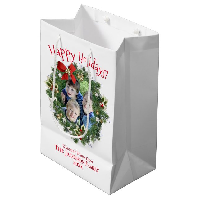 Happy Holidays Fun Christmas Wreath Photo Frame Medium Gift Bag (Front Angled)