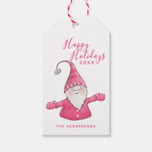 Happy Holidays Fun Gnome Modern Pink Christmas Gift Tags