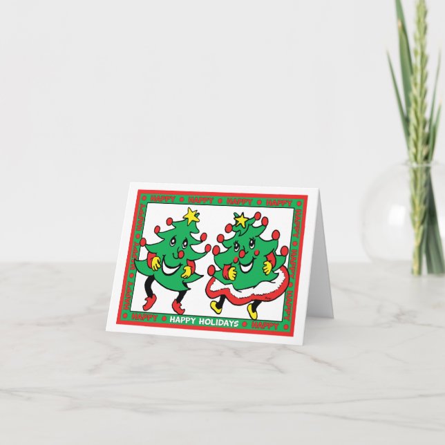 Happy Holidays Funny Dancing Christmas Trees Holiday Card (Front)