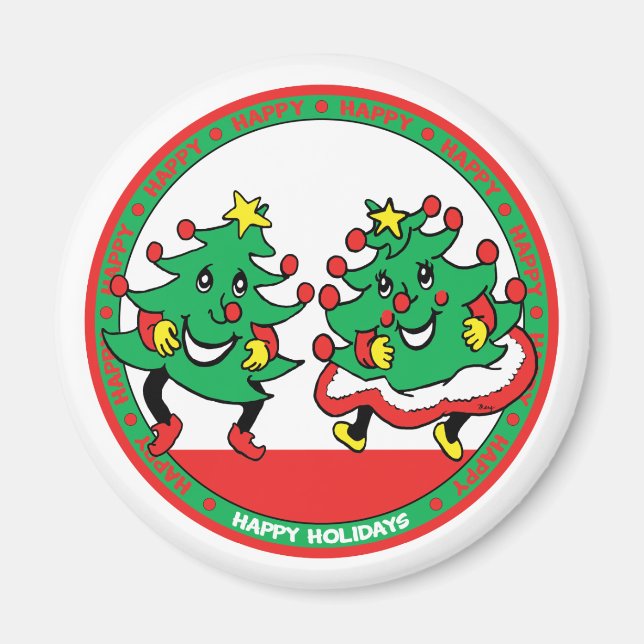 Happy Holidays Funny Dancing Christmas Trees Magnet (Front)