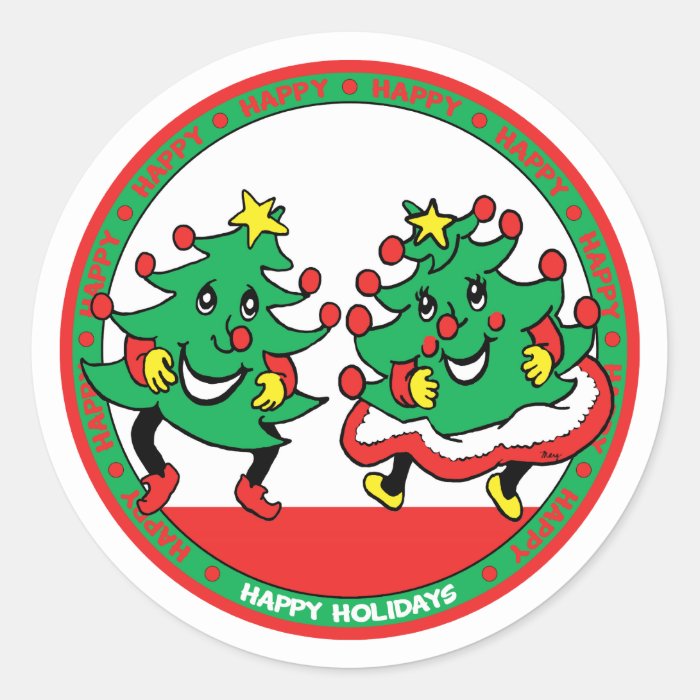 Happy Holidays Funny Dancing Christmas Trees Round Sticker