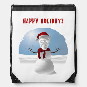 Happy Holidays. Funny skull-head snowman Drawstring Bag