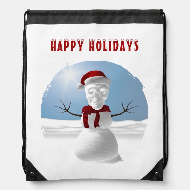 Happy Holidays. Funny skull-head snowman Drawstring Bag (Front)