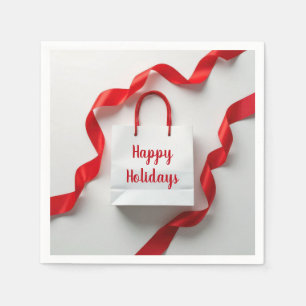 Happy Holidays Gift Bag With Red Ribbons Napkins