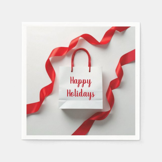Happy Holidays Gift Bag With Red Ribbons Napkins (Front)