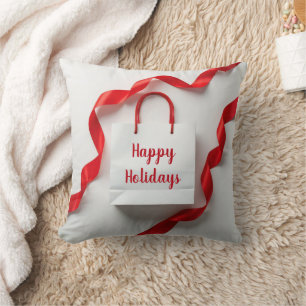Happy Holidays Gift Bag With Red Ribbons Throw Pillow