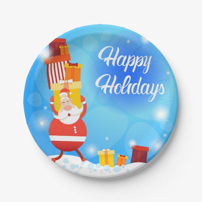 Happy Holidays Gift Carrying Santa | Christmas Paper Plates (Front)