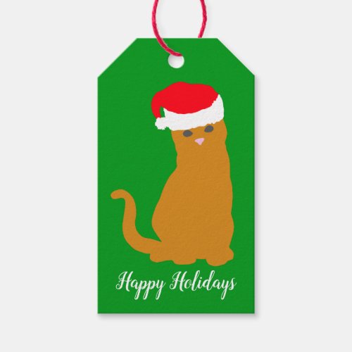 Happy Holidays Ginger Cat in Santa Hat Gift Tags