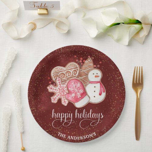 Happy Holidays Gingerbread Cookies Red and Gold Paper Plates