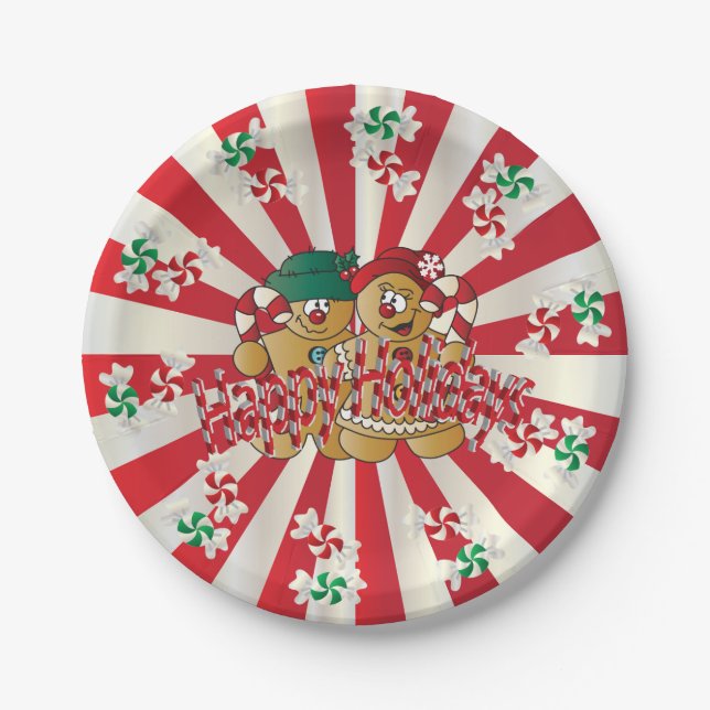 Happy Holidays Gingerbread Couple Paper Plates (Front)