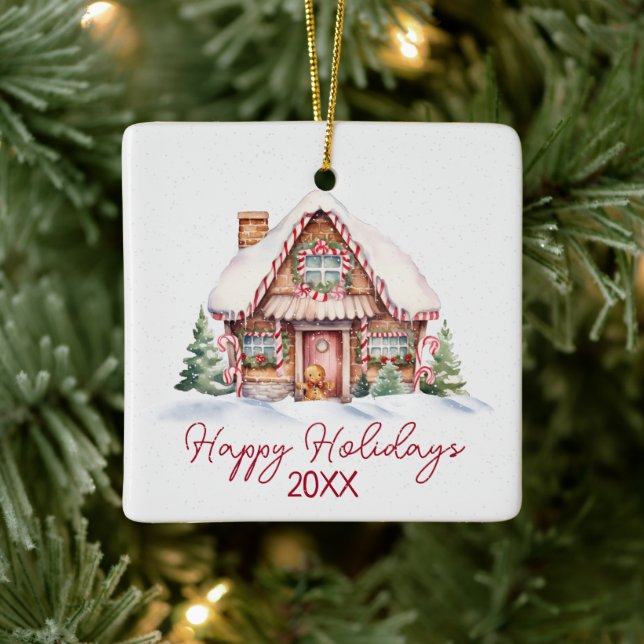 Happy Holidays Gingerbread House Ceramic Ornament (Tree)