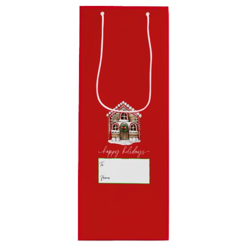 Happy Holidays Gingerbread House Christmas Red Wine Gift Bag