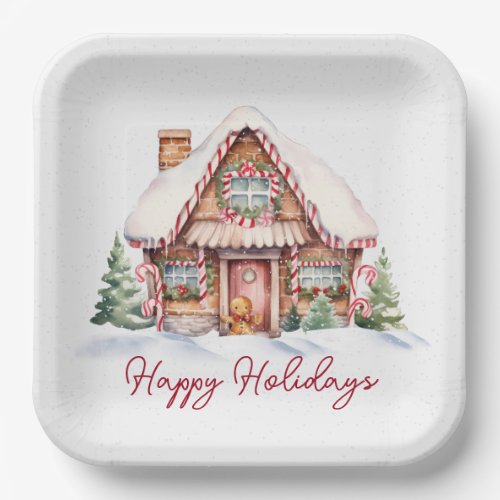 Happy Holidays Gingerbread House Paper Plates