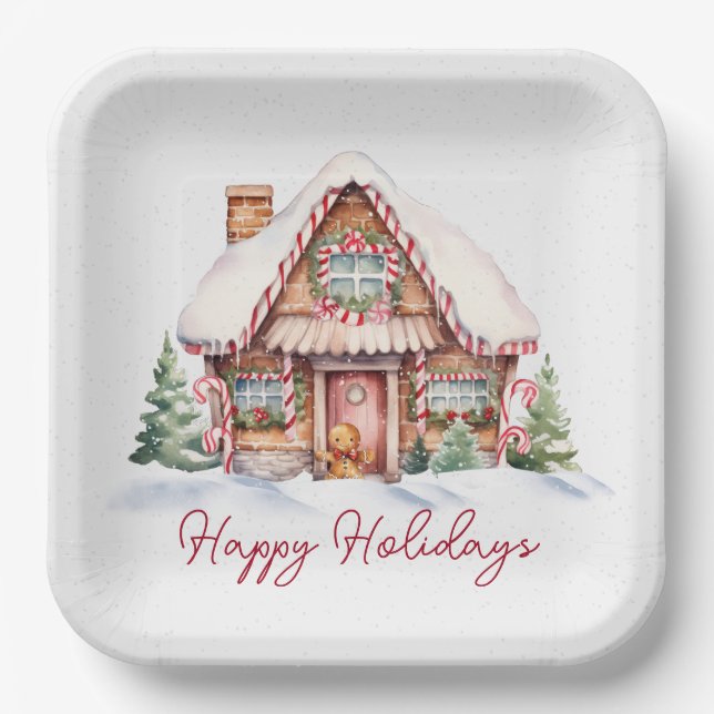 Happy Holidays Gingerbread House Paper Plates (Front)