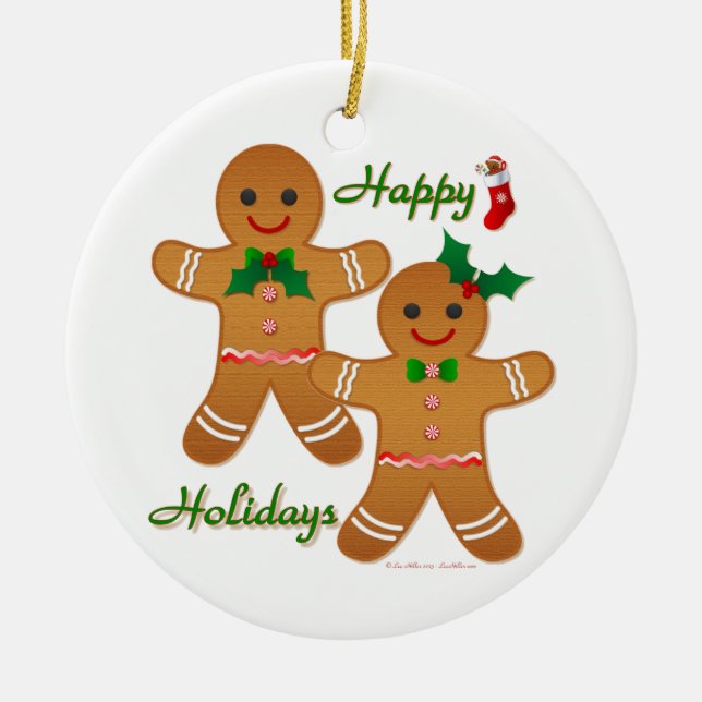 Happy Holidays Gingerbread Man Boy Girl Ceramic Ornament (Front)