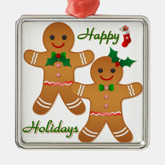 Happy Holidays Gingerbread Man Boy Girl Metal Ornament (Front)