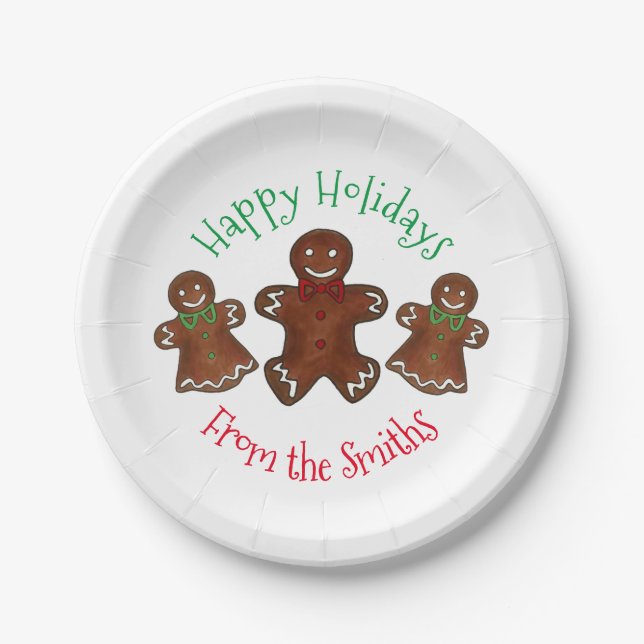 Happy Holidays Gingerbread Man Christmas Cookies Paper Plates (Front)