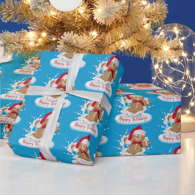 Happy Holidays Gingerbread Man in Milk  Wrapping Paper (Holidays)