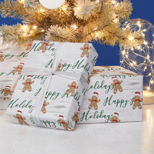 Happy Holidays Gingerbread Man On Birch Wrapping Paper