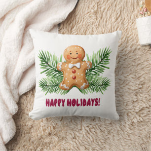Happy Holidays Gingerbread Man & Pine Branches Throw Pillow