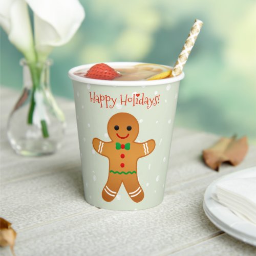 Happy Holidays Gingerbread Man Sage Green Paper Cups