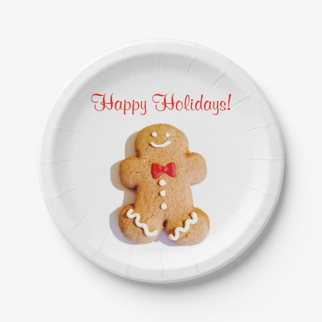 Happy Holidays Gingerbread Man Xmas Red Paper Plates (Front)