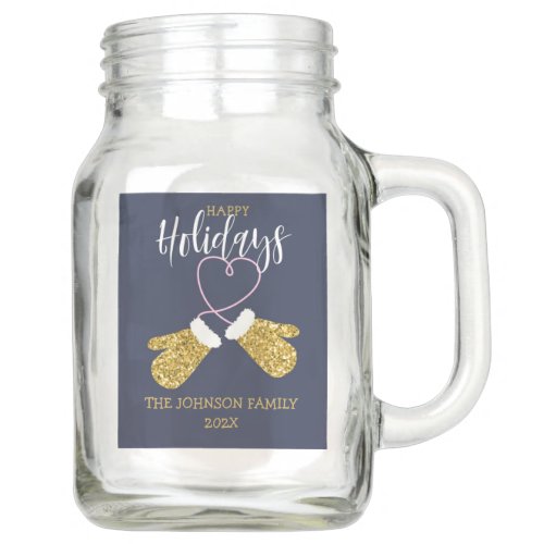 Happy Holidays Glitter Mittens Mason Jar