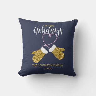 Happy Holidays Glitter Mittens Throw Pillow