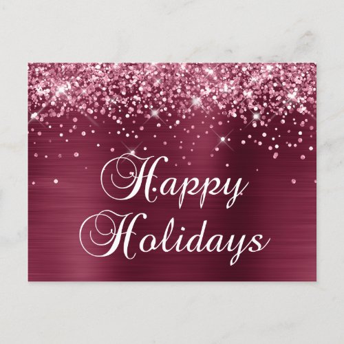 Happy Holidays Glittery Burgundy Red Foil Holiday Postcard