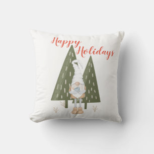 Happy Holidays Gnome Bluebird Christmas Throw Pillow