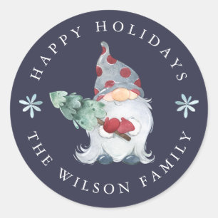 Happy Holidays Gnome Christmas Tree Classic Round Sticker