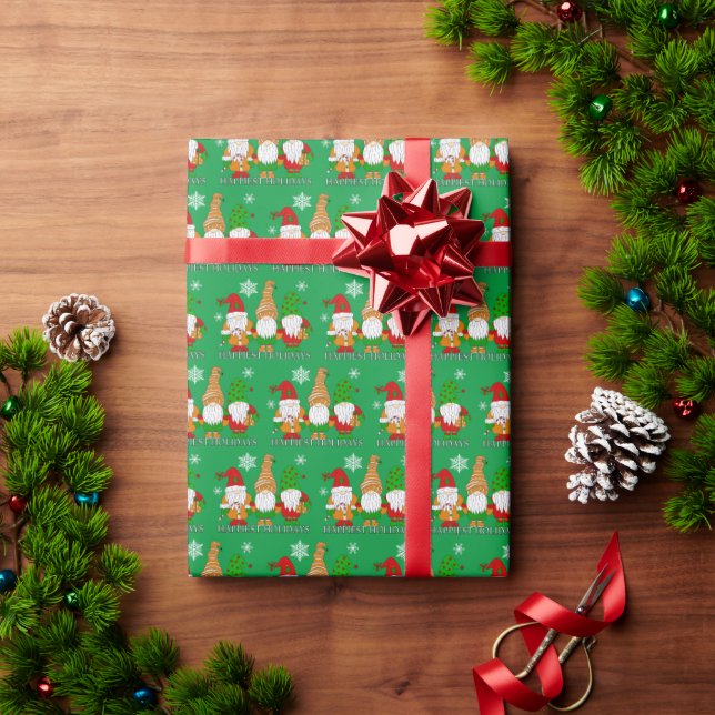 Happy Holidays Gnomes and Snowflakes Christmas  Wrapping Paper (Holiday Gift)