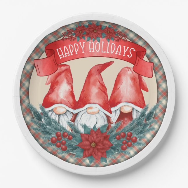 Happy Holidays Gnomes Paper Plates (Front)