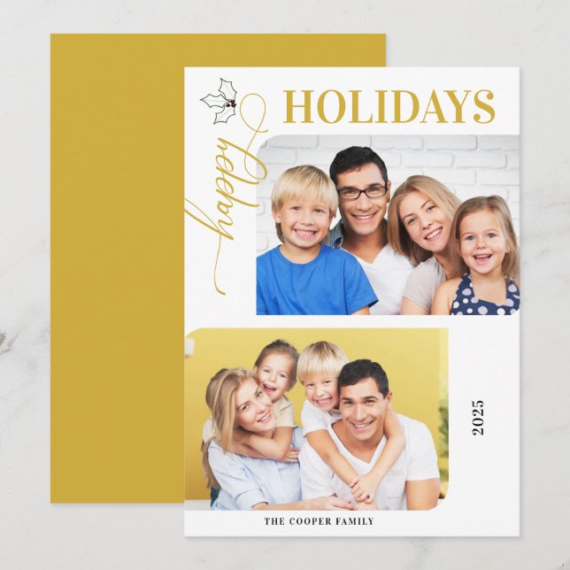 Happy Holidays Gold and White 2 Photos Holiday Car (Front/Back)