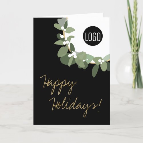 Happy Holidays Gold black Modern Wreath Your Logo  Holiday Card