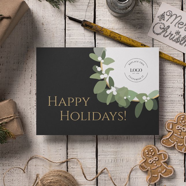 Happy Holidays Gold black Modern Wreath Your Logo  Holiday Card (Flat "happy holidays" corporate logo Christmas card with green wreath.
)