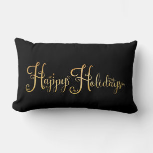Happy Holidays Gold Black Script Elegant Holiday Lumbar Pillow