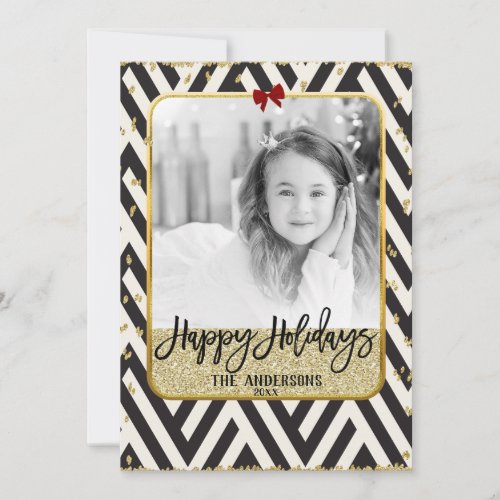 Happy Holidays Gold Black  White Modern Photo Holiday Card