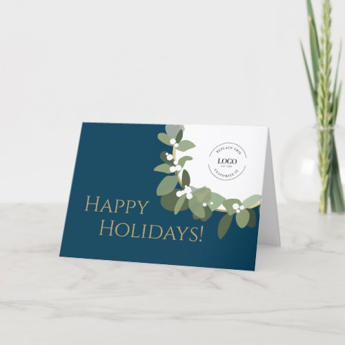 Happy Holidays Gold Blue Modern Wreath Your Logo  Holiday Card